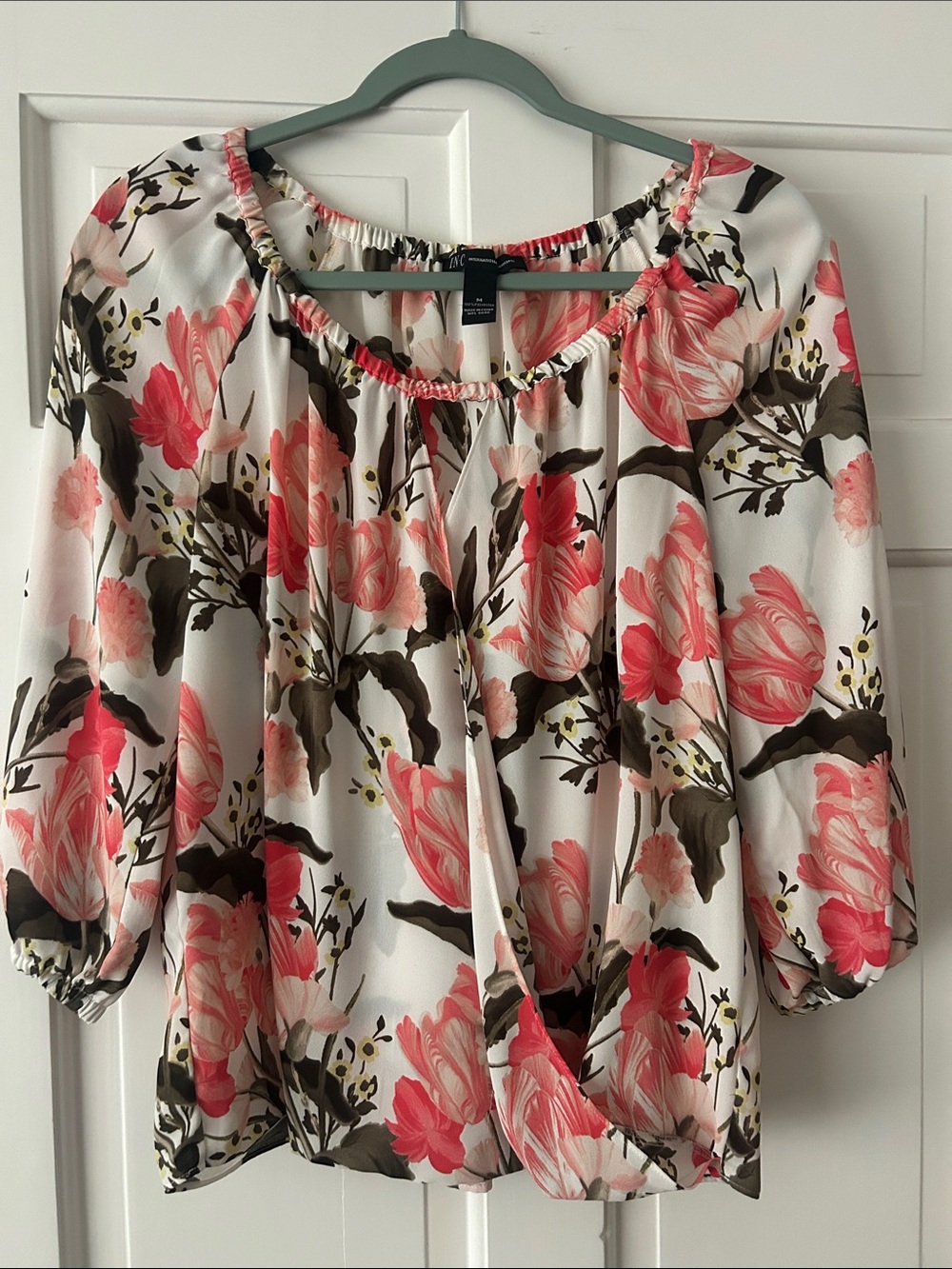 INC International Concepts Coral, Olive & White Floral Peasant Blouse